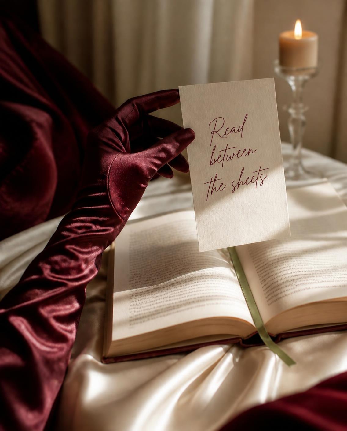 A satin gloved hand holding a card that reads Read between the sheets over an open spicy romance book
